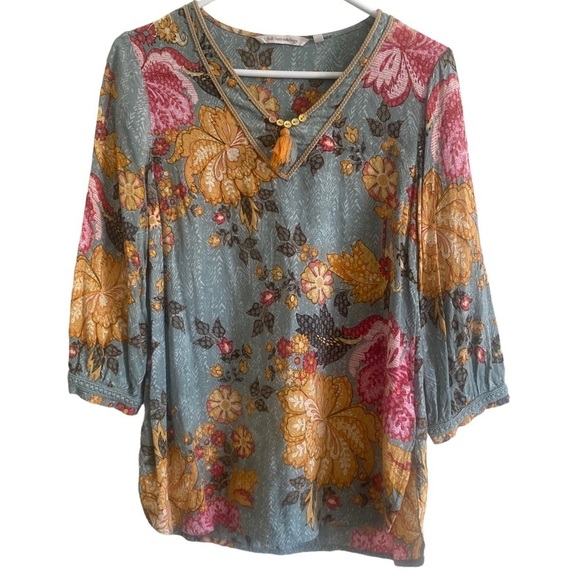 Soft Surroundings Boho‎ Floral Embellished Collar Tunic Size XS EUC Oversized - Picture 1 of 7